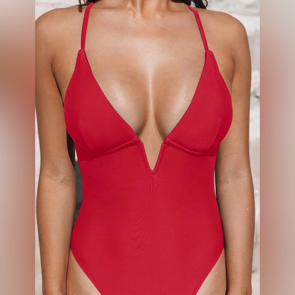 Cupshe Tomato Red V-Wire One-Piece Swimsuit Medium - Picture 3 of 12
